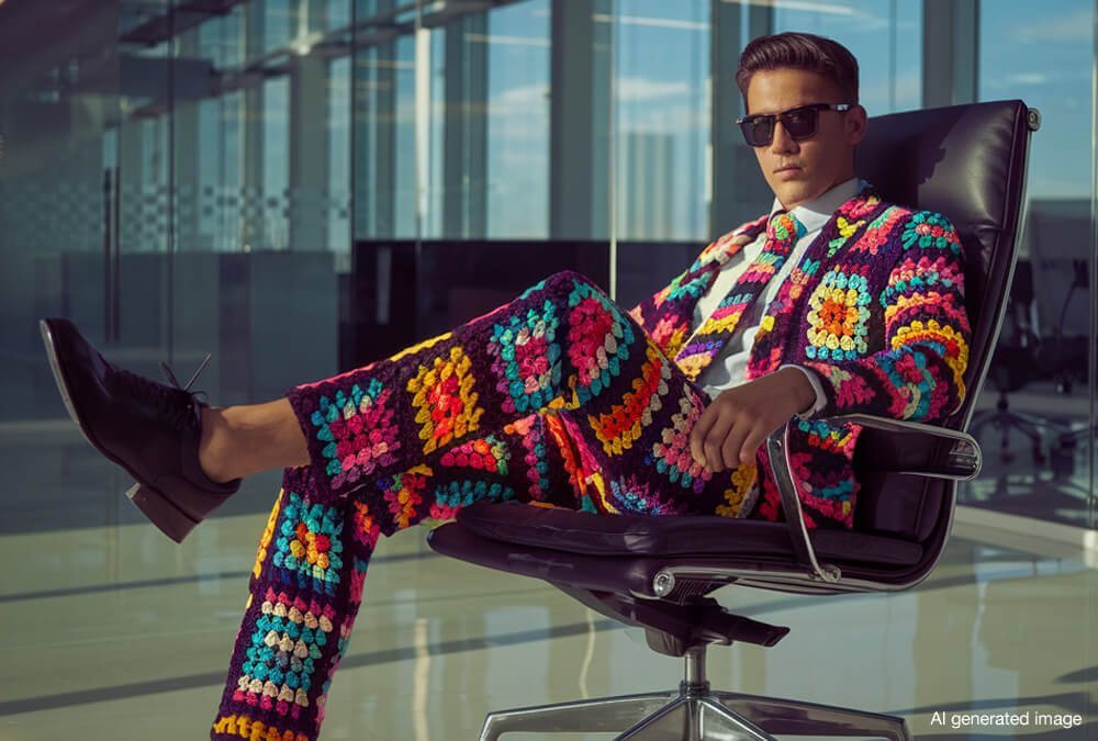 AI generated image - man in brightly colored crochet suit sitting in a modern office