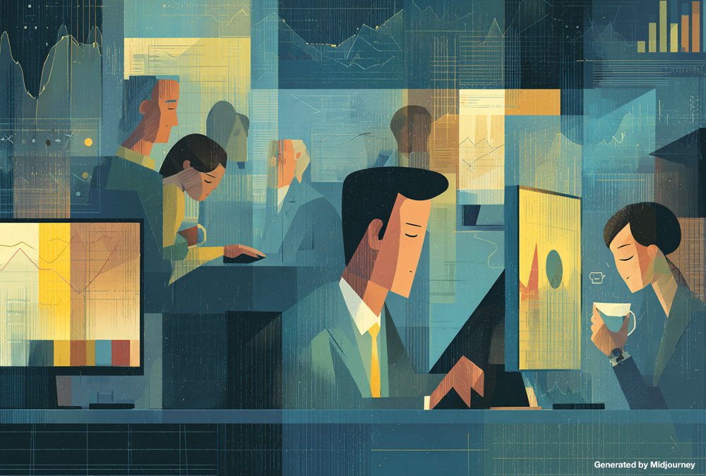 an illustration of business people in an office setting, surrounded by computer screens displaying graphs and data. the scene conveys the idea that technology is central to their daily work. in the style of flat illustrations, editorial illustrations, digital art techniques, graphic design elements, with muted colors and soft lighting.