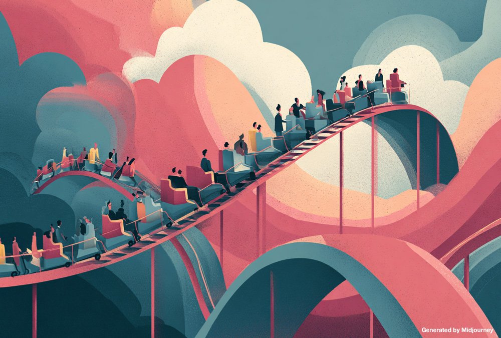 Conceptual pastel illustration of business people riding a rollercoaster symbolizing Gartner’s AI Hype Cycle ups and downs.