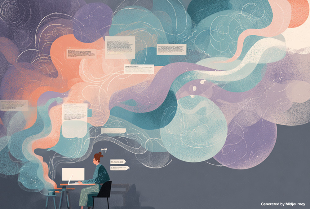 Illustration of a person using an AI assistant, with colorful pastel flows representing different prompting techniques such as one-shot, few-shot, and chaining, conceptual editorial style.