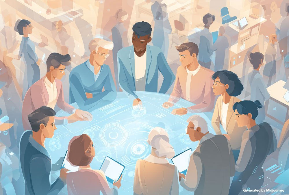 Illustration of leaders using AI tools while employees in the background look uncertain, symbolizing the gap in workplace AI adoption.
