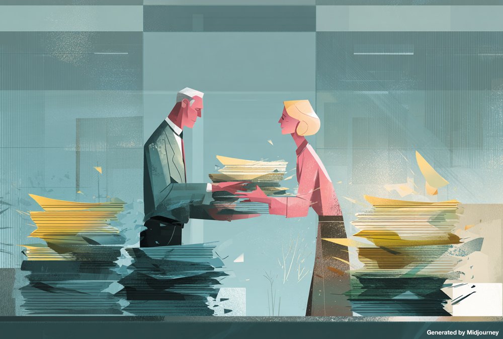 Two office workers exchange crumbling stacks of documents, symbolizing AI-generated Workslop in the workplace.