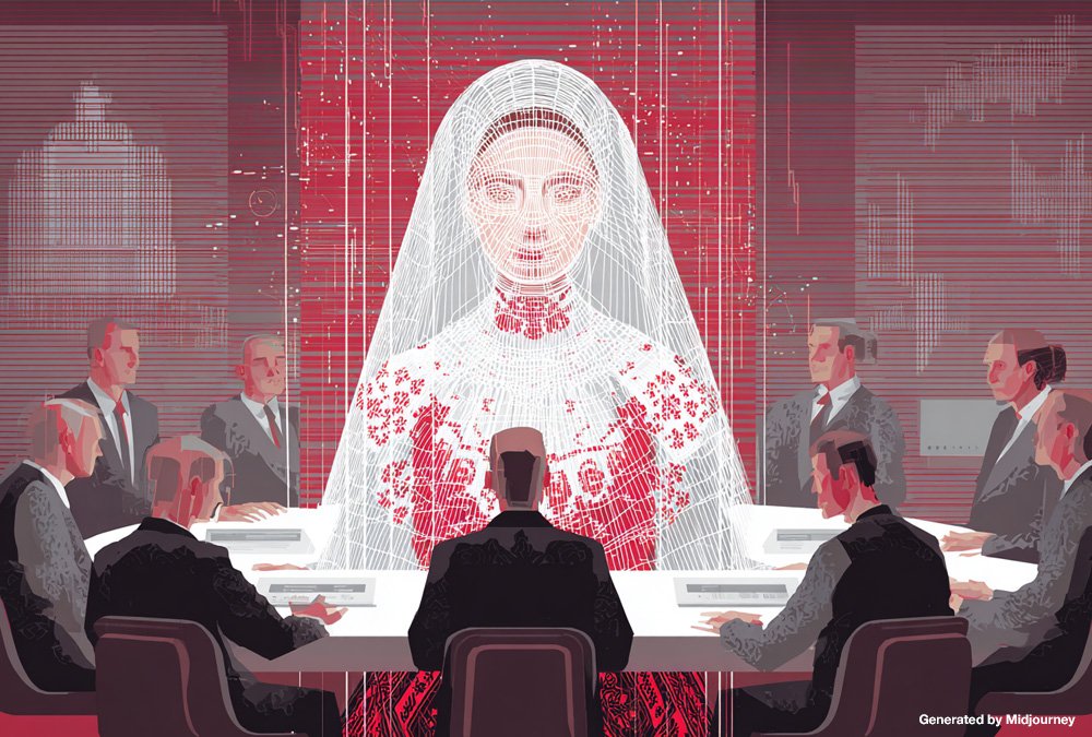Illustration of Albania’s AI system Diella as a holographic government minister on a screen, wearing traditional Albanian clothing, addressing human ministers around a cabinet table.